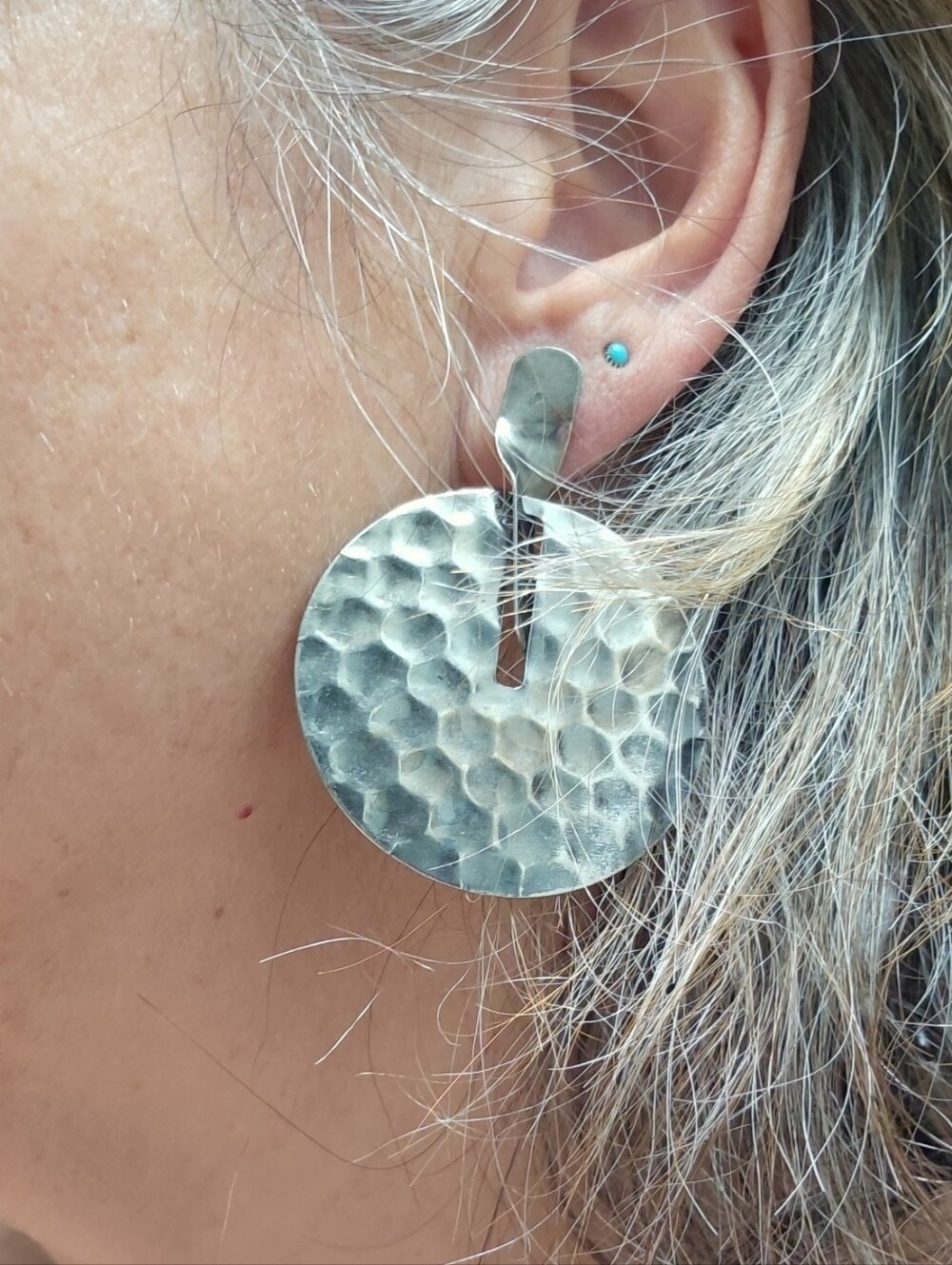 Silver Hammered Disc Drop Earrings - Women Jewelry